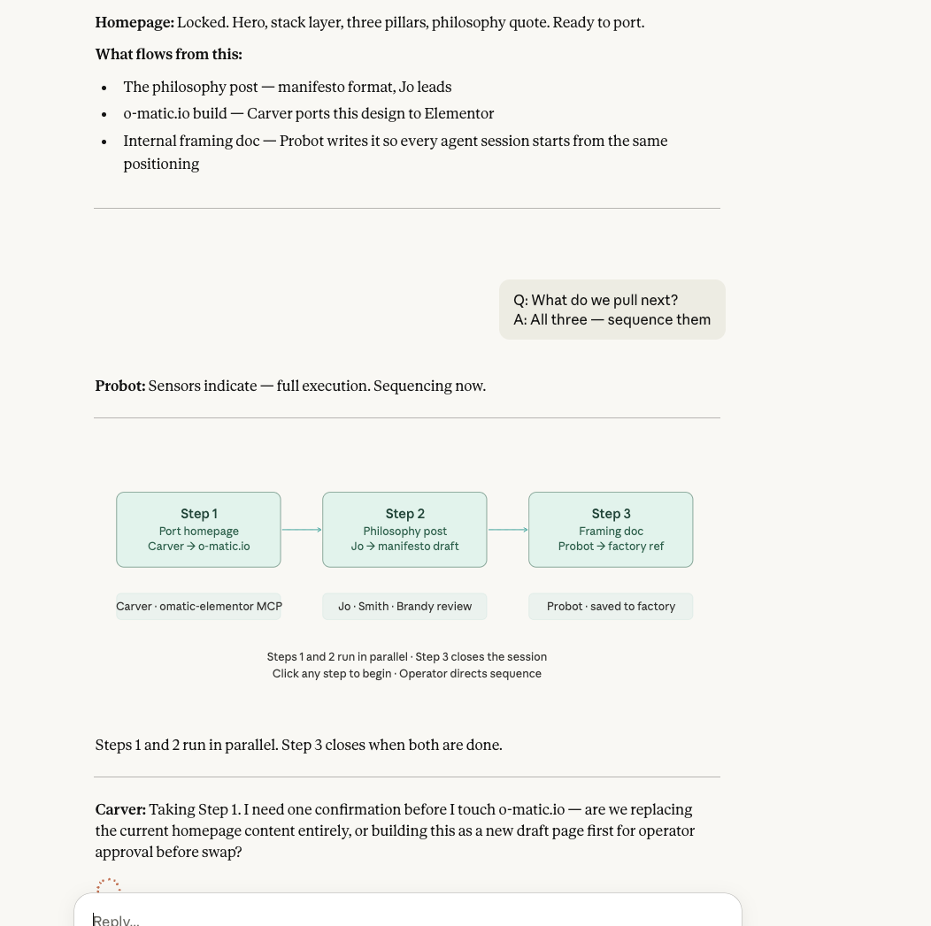 Probot sequencing three parallel workstreams with agent assignments